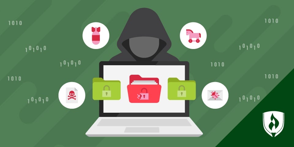 illustration of a ransomware hacker in a dark hoodie with a laptop with icons representing what is ransomware