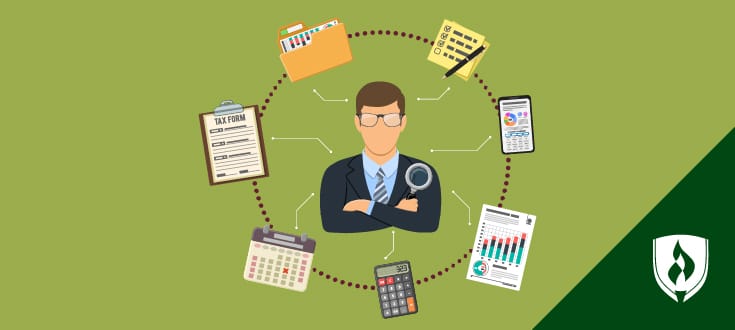 Illustration of a male accountant encircled by accounting-related items.