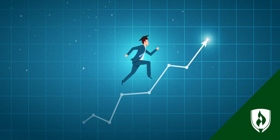 Illustration of a man in a suit and grad cap climbing up a line graph.