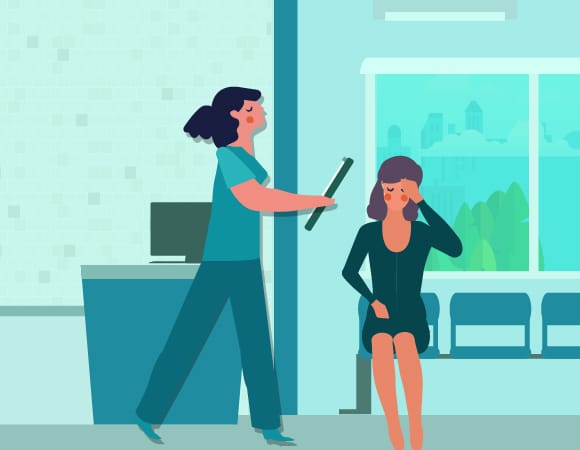 Illustration of medical assistant walking through a clinic.
