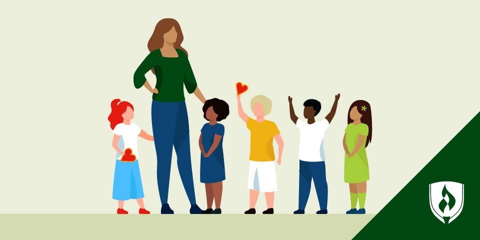 illustration of a preschool teacher with children in a classroom representing i love teaching